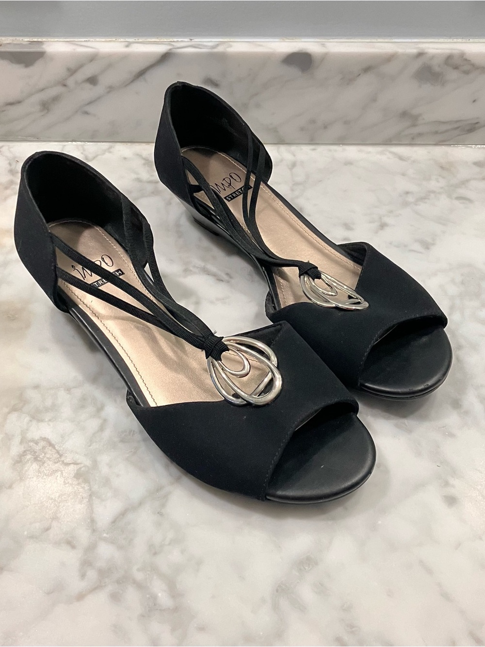 Impo Black Peep-Toe Sandals with Silver Ring Accent size 9